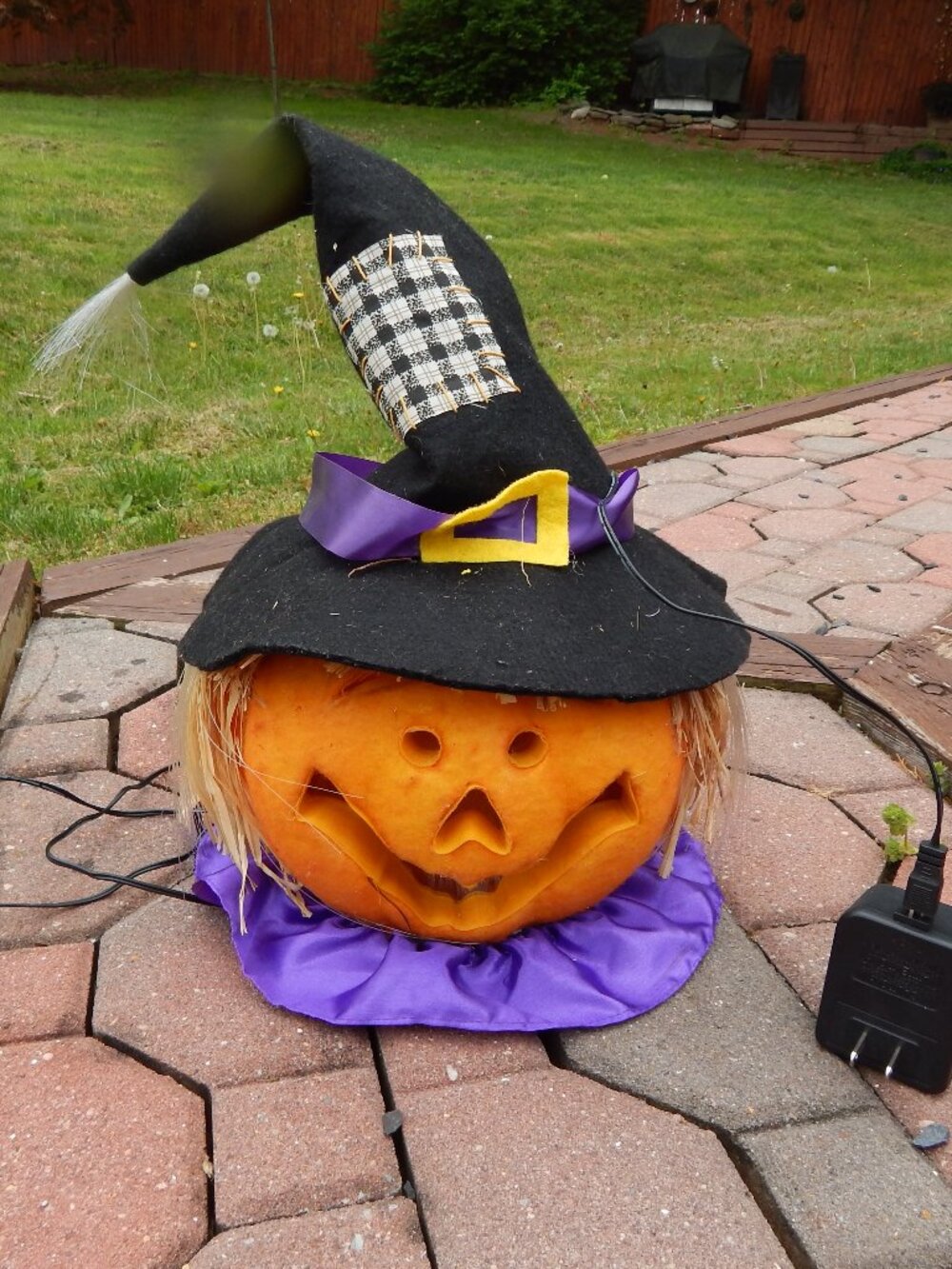 Pumpkin Halloween Fiber Optic Scarecrow Witch Pumpkin Gemmy Plug In RARE 12"****